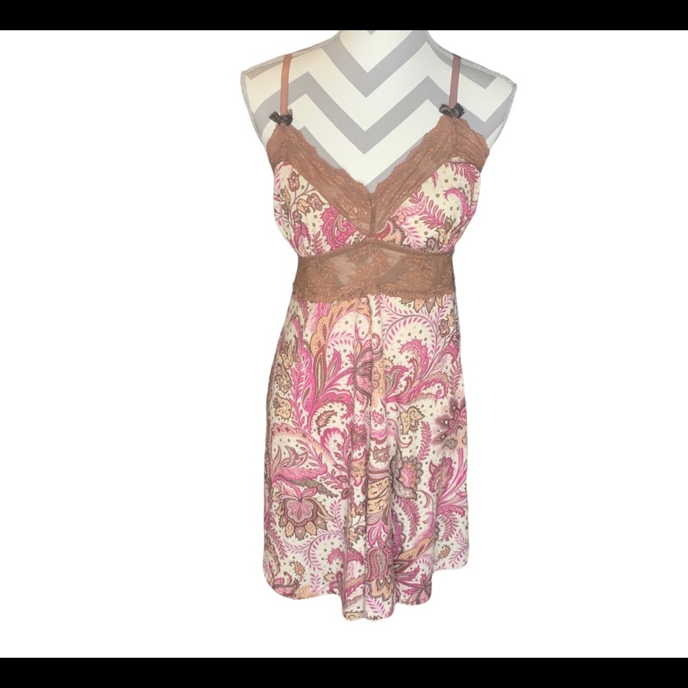 Wendy Glez paisley brown lace slip dress chemise lingerie L